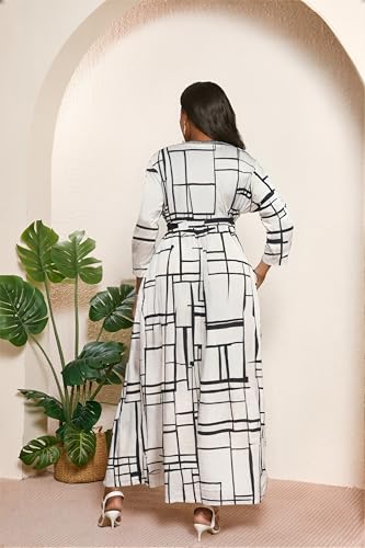 Plus Size Dress Printed for Women V-Neck 3/4 Sleeve with Belt2