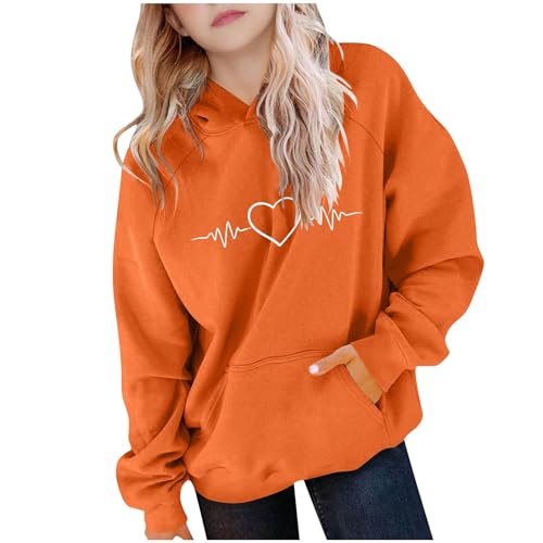 Image of duxyoz Hoodies for Teen Girls Oversized Preppy Hooded Sweatshirt Heart Print Casual Loose Fit Basic Sweatshirt with Hood Pocket Orange 14-15 Years