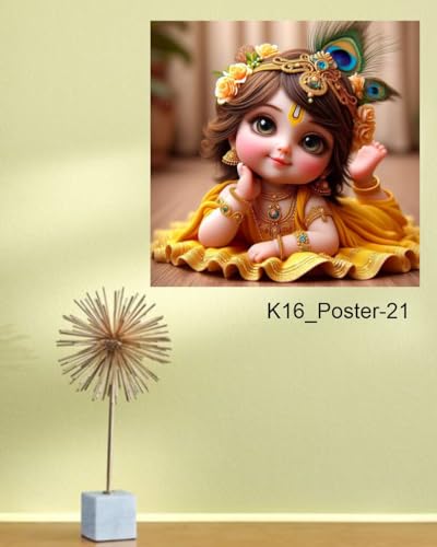 Image of Akki Wold Yellow Baby Krishna On Farsh With 2-Feather Wall Poster For Living Room, Office, Pooja Room (Size - 41CM X 41CM)