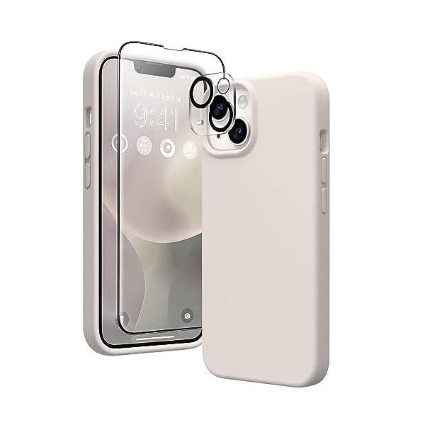 GONEZ for iPhone 14 Case Silicone, with 2X Screen Protector + 2X Camera Lens Protector, [Soft Anti-Scratch Microfiber Lining], Liquid Silicone Shockproof Protective Phone Cover 6.1″, Stone