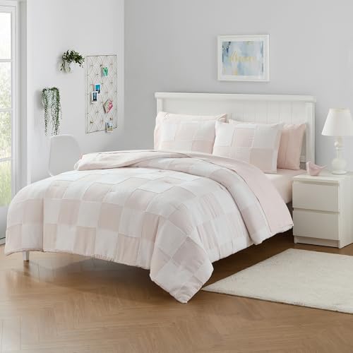 Image of Kids Comforter Set Bedding Set Bed in a Bag for Boys and Girls Toddlers Printed Sheet Set and Comforter, Full, Chenille Checkered Blush Pink