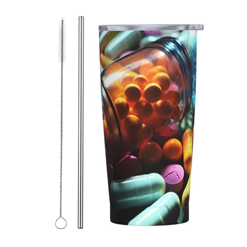 BONDIJ Bicchiere da 590 ml con coperchio e cannuccia per pillole medicinali, isolato, in acciaio inox, isolamento sottovuoto, tazza da caffè, ghiaccio, tazza a doppia parete per auto, ufficio, casa