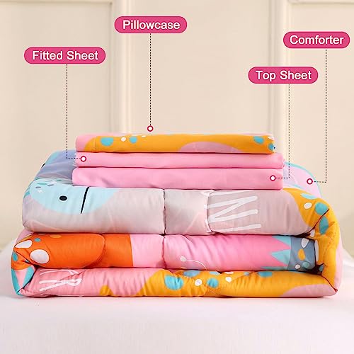 Wowelife Dinosaur Toddler Bedding Set for Girls, Premium 4 Piece Dinosaur Toddler Comforter Bed Set Pink, Cartoon Animal All Season with Comforter, Flat Sheet, Fitted Sheet and Pillowcase, Pink