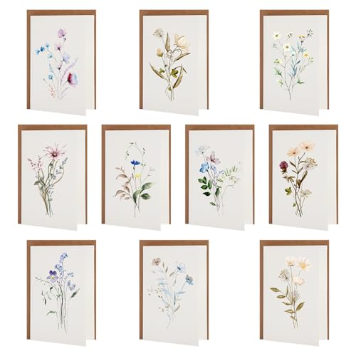Cartões de agradecimento flores selvagens, conjunto de 10 cartões com envelopes Kraft e 25 autocolantes dourados em forma de coração, cartões em branco para casamentos, aniversários, professores