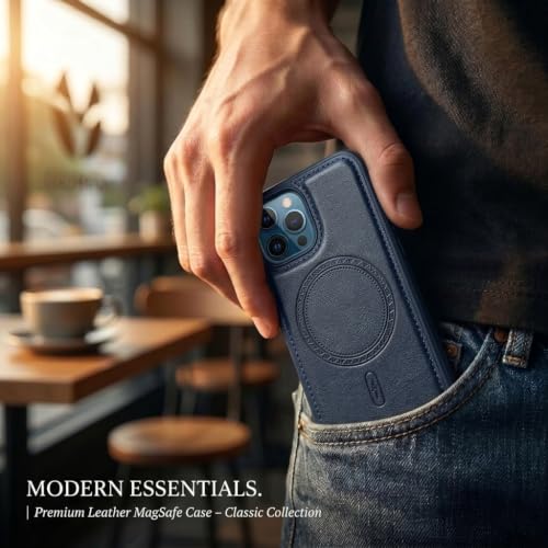Image of amazon basics Premium PU Leather Case for iPhone 13 Pro Max, MagSafe Compatible Magnetic Ring, Sleek Protective Back Cover - [Blue]