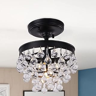 Wellmet Black Semi Flush Mount Crystal Lights, 10 inch Modern Small Crystal Chandelier for Hallway, Ceiling Lighting Fixture for Cafe, Store, Foyer, Hallway, Entryway, Kitchen, Living Room, Bedroom