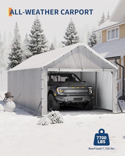 Image of GarveeLife 11'x20'x9' Vertical Roof Metal Carport, Enclosed Car Ports with Heavy Duty Steel Frame, for All-Weather, for Full-Size Pickup Trucks, Boats, and Tractors