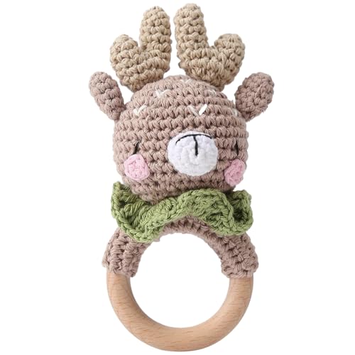 Baby Battle con anillo de dentición de madera orgánica Raja de bebé 0-6 meses Visual y sensorial Crocheted Relled Animal Toys para niños recién nacidos 0, 3, 6, 9, 12, 36 meses