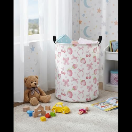 Image of Baby Laundry Hamper kids laundry Basket Waterproof Laundry Bag for Bedroom Clothes Organizer Room Decor(Bowknot strawberry)