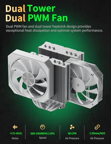 upHere gaming up2T6 White CPU Air Cooler, Dual-Tower 6×Ф6mm Heatpipes CPU Cooler, PWM 120mm Fan PC Cooler, TDP 265W, Intel LGA 1851/1700/2011/2066(X79/X99), AMD AM5/AM4 - Image 6
