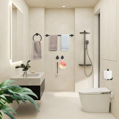 Ntipox Matte Black Bathroom Hardware Set 5 Piece, Stainless Steel Towel Bar Set 24 Inch,Toilet Paper Holder,Towel Ring Holder,Towel Rack Set,Black Bathroom Accessories Kit by Ntipox - Used condition - Image 6