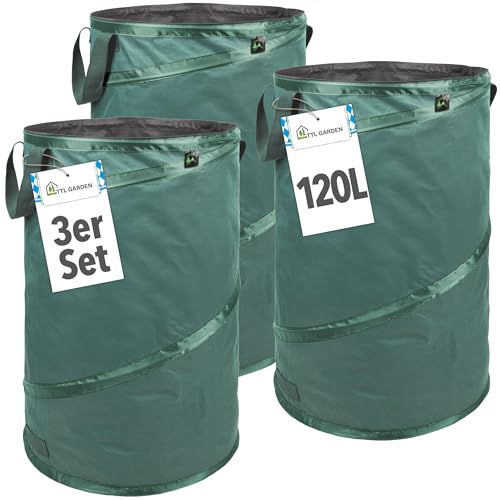 TTL Garden 3x 120L Premium Pop Up Gartensack - 220gsm 600D Oxford Gewebe selbstaufstellend extra robust & wasserfest - 3er Set 120 Liter – Gartenabfallsack Laubsack Sack für Gartenschnitt faltbar
