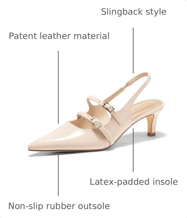 Image of Coutgo Womens Slingback Kitten Heels Mary Jane Pumps Closed Pointed Toe Buckle Strap Wedding Dress Shoes