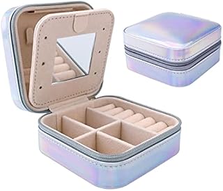 Hileyu Mini Jewellery Box Organiser,Portable Travel Jewellery Case,Small Jewellery Box for Girls Women,Leather Jewelry Box with Mirror,Jewelry Storage Case for Rings Earrings Bracelets Necklaces