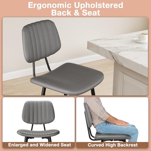 Image of Raynesys 29-Inch Leather Bar Stools Set of 3 with High Backrest, Grey
