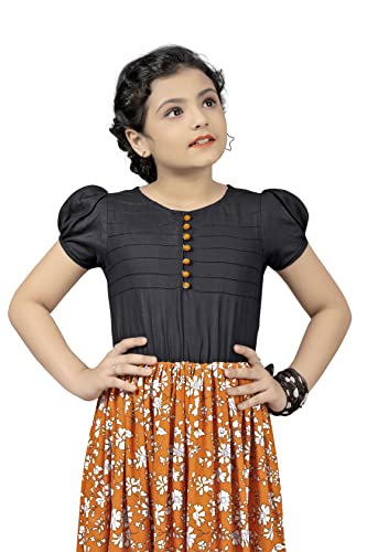 Image of Jwalin Girls Crepe Floral Printed Calf Length Dress (Black 5-6 Year)