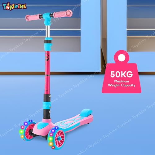 Image of Toyshine 3 Wheel Rooster LED Wheels Runner Scooter with Anti Slip ABS Base Aluminium Structure Height Adjustable Handlebar Max Load 45kg for Kids Boys Girls - Pink