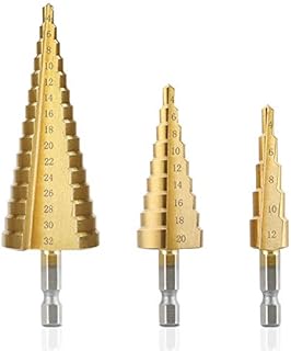 HSS Stufenbohrer, Rusee HSS Hex Shank Stufenbohrer 4-12 mm / 4-20mm / 4-32mm Titannitriert Schritt Schälbohrer Schälbohrersatz Set Konusbohrer Kegelbohrer 3-tlg
