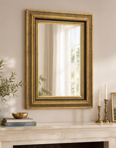 Decorative Ornate Wall Mirror 22x30, Living Room Entryway Decor,Black Gold | Solid wood frame,tempered glass,handcrafted ornate,horizontal and vertical use,designer favorite,Distortion-Free Reflection