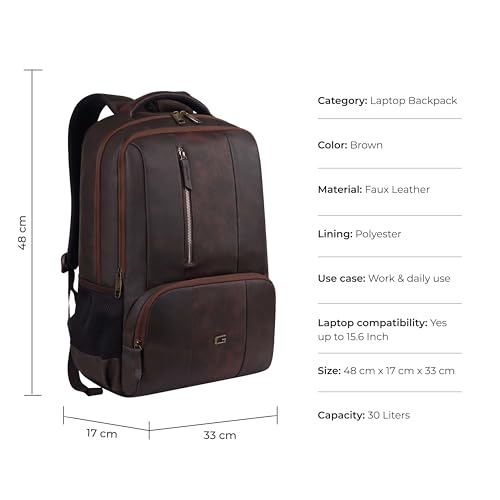 Image of Gear Vault 19 inch /30L Anti Theft Faux leather Large Water Resistant Laptop Backpack /Casual Backpack /Daypack /Travel Backpack /College Bag For Men /Women (Brown)