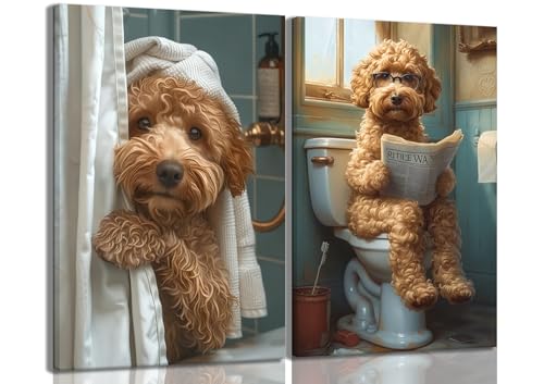 Yaneiro Funny Bathroom Canvas Wall Art-Set of 2 Poodle On Toilet Reading Newspaper Wall Decor Goldendoodle In Shower Humor Animal Poster Picture for Dog Lovers Restroom Ideas Decor 12x16 Inch Framed by Yaneiro - Used condition - US$23.39