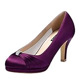 ERIJUNOR E0113 Women Comfortable Mid Heels Pumps Closed Toe Rhinestone Brooch Satin Evening Prom Wedding Shoes Plum Size9