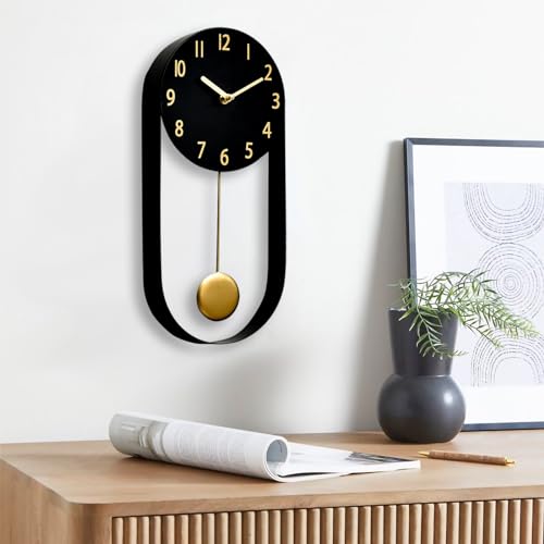 EMAX HOME 8 Inch Black Wall Clock with Gold Pendulum,