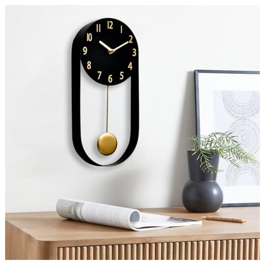 8 Inch Black Wall Clock with Gold Pendulum, Silent Modern Metal Wall Clock, Minimalist Decorative Pendulum Timepiece for Living Room, Office, Kitchen