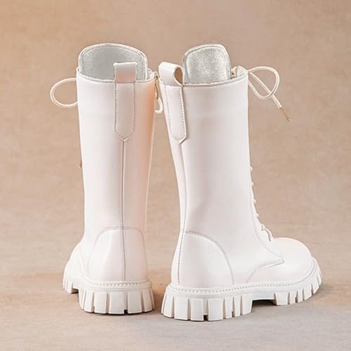 Girls Combat Riding Boots Lace Up Side Zipper Knee High Goth Booties PU Leather Fur Lined Warm Winter Boot 4-11 Years Size4