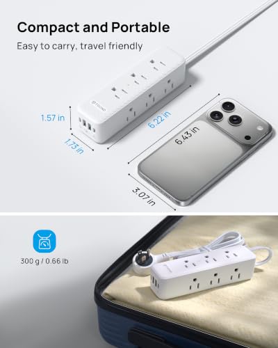 Image of TROND 360 Rotating Flat Plug Power Strip 3ft with USB PD 20W, 9 AC, White | Flat Extension Cord Surge Protector 1300J, 1625W, Wall Mountable, for Home Office Travel Dorm Room Essentials