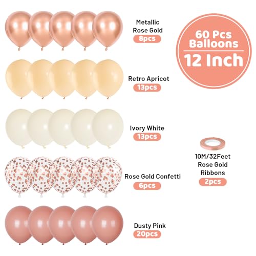 Image of Funhot Retro Blush Pink Balloons Set, 60PCS Dusty Pink Birthday Balloons, 12Inch Chrome Rose Gold Balloons Beige Nude Latex Balloon for Girls Birthday Bridal Baby Shower Wedding Boho Party Decoration