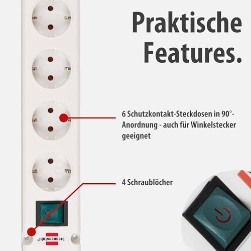 Brennenstuhl Bremounta Steckdosenleiste 6-Fach mit Schalter (Mehrfachsteckdose mit 90 Grad Steckdosen, Steckerleiste mit Befestigungsmöglichkeit und 3m Kabel) weiß