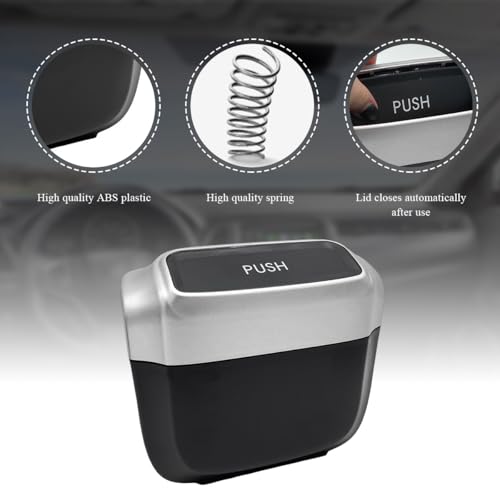 Image of Car Trash Can with Lid, Mini Hanging Push Car Garbage Container with 30 Trush Bags, Portable Leakproof Rubbish Organizer for Most Vehicles Office Home, Car Accessories (Silver)