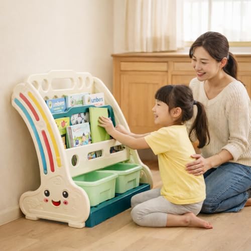 Image of 2 in 1 book shelf Cabinet for kids with toy organizers storage box for Home front facing display Storage bookshelf Rack for kid , 2‑Tier book shelves for kids with Storage Bin for Playroom Montessori