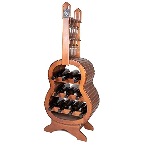 ARTESANIA DE LA RAMBLA | Botellero | Botellero Vino | Botellero en Madera | Botellero Vertical | Botellero Amazon | Botellero Guitarra Rústico | 10 Botellas y 6 Catavinos | 43.5x31.5x115 cm