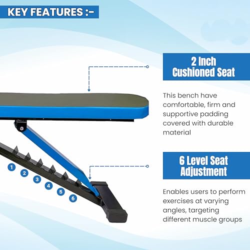 Image of Adjustable Workout Bench for Home Gym | Multifunctional Incline Decline Bench with Preacher Curl Pad & Leg Support | Full Body Strength Training Bench for Men & Women (Black & Blue)
