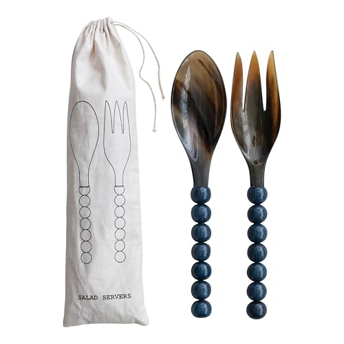 Creative Co-Op Natural Horn Salad Spoon And Fork Server with Marbled Resin Ball Handles, Blue