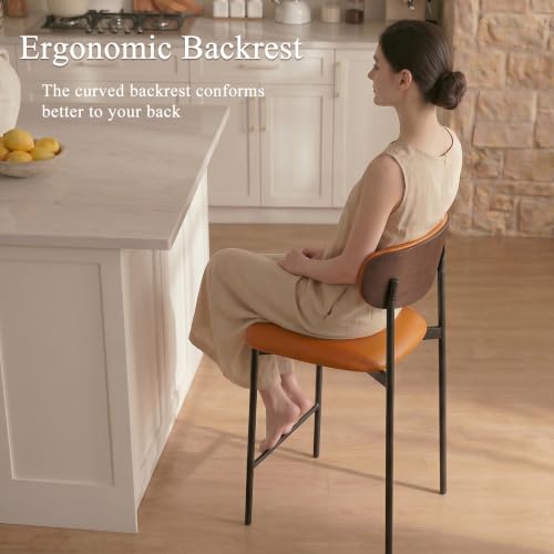 Image of GrandNoor Modern Bar Stools Set of 3, 24 Inch Upholstered Brown Faux Leather Counter Height Stools with Curved Backrest & Metal Legs, Wood Grain Back Bar Chairs for Kitchen Island