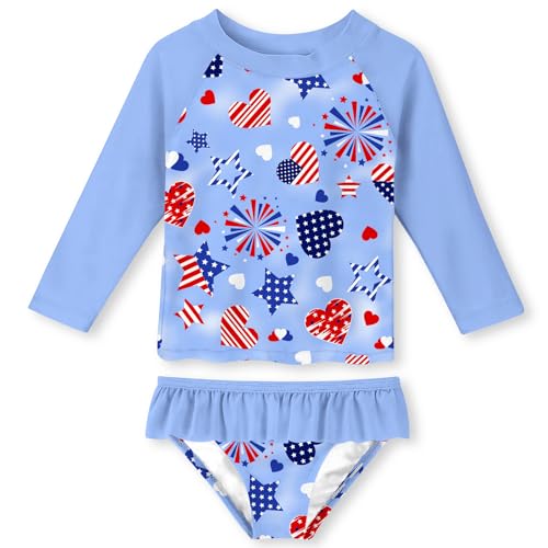 Image of Funnycokid Girls Swimsuit Toddler Bathing Suit Long Sleeve 2 Piece Rash Guard Set for Kids 2-10 Years