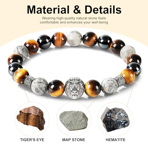 mens beaded bracelets, 10MM Elastic Adjustable Natural Gemstone Bracelet with Stainless Steel Lion Head, Symbolizing Courage & Strength, Gift for Men, Anniversary, Thanksgiving, Christmas, Lapis Lazuli/Map Stone/Terahertz/Hematite/Tiger Eye/Black Onyx/Snowflake Obsidian - Image 4