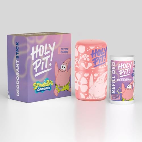 HOLY PIT x SpongeBob Esponja I Desodorante recargable de Austria I Conocido en la TV I Unisex Hombre Mujer | Vegano | Paquete de inicio (1 x Case Patrick Star, 1 x Refill Cotton Candy)