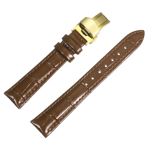 uxcell Brown Leather Watch Band 17mm Quick Release Genuine Strap with Gold Deployment Butterfly Buckle for Men & Women