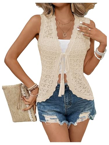 SOLY HUX Women's Hollow Out Crochet Tie Front Tank Top Sleeveless Lightweight Cardigan Vest Summer Outfits