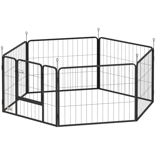 6- teiliger Welpenauslauf mit Tür, faltbar & tragbar, flexibel formbar (Rechteck, Sechseck, L- Form), 60 cm hoch, grau- für kleine Hunde bis 40 cm, inkl. Bodenanker, für Drinnen & Draußen