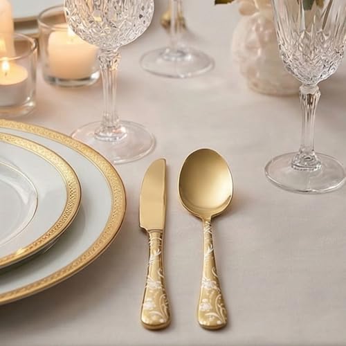 Image of 8 inch Aurum Gold Silverware Dinner Spoons with Floral Printed Handle | 5-Piece Premium Stainless Steel Flatware Set | Dishwasher Safe Cutlery Set for Home, Restaurant & Gifting