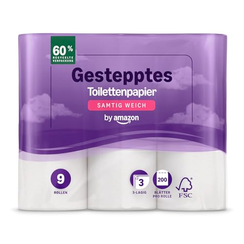 by Amazon Toilettenpapier, 3-lagig Gestepptes, Samtig Weich, 36 Rollen (9 Rollen, 4-er Pack), 200 Blätter pro Rolle, FSC-Zertifiziert