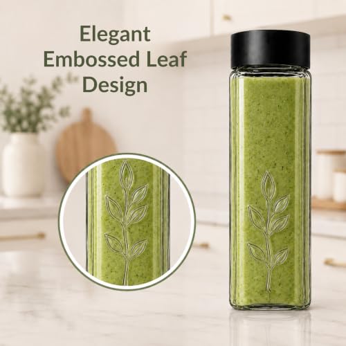 Image of Ash & Roh Square Glass Water Bottle with Lid, Transparent Wide Mouth Juice Bottle for Fridge, Office, School & Everyday Hydration Reusable for Daily Use