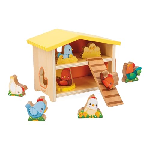 Janod - Mon Premier Poulailler - Jouet d'Imitation Enfant - 1 Poulailler + 9 Poules + 1 Échelle - Jeu en Bois FSC - Développe Dextérité et Imagination - Dès 18 Mois,J03311