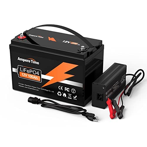 Ampere Time 12V 100Ah LiFePO4 Battery with 14.6V 10A Dedicated Lithium Battery Charger; Built-in 100A BMS, 4000+ Cycles, for RV, Solar, Marine, Overland, Off-Grid Application…