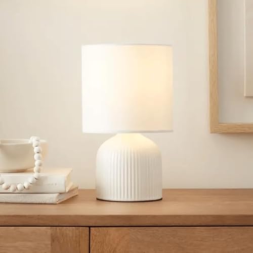 New Ribbed Ceramic Table Lamp – Modern Fabric Shade – E14 SES Fitting – Inline Switch – 4W Max – Compact Bedside or Desk Light M-01 (White)